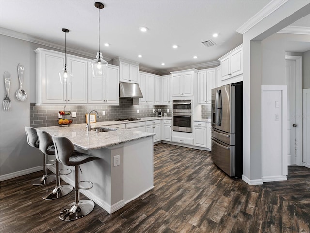 8304 Shooting Star Rd, Sarasota, FL 34241 - kitchen with stainless steel appliances, a peninsula, a sink, under cabinet range hood, and backsplash