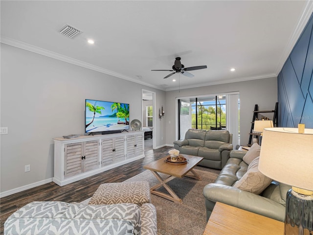 8304 Shooting Star Rd, Sarasota, FL 34241 - living area featuring dark wood finished floors, baseboards, recessed lighting, ceiling fan, and ornamental molding