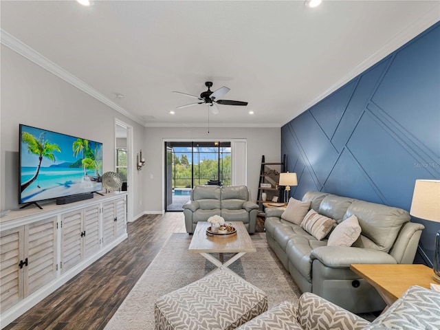 8304 Shooting Star Rd, Sarasota, FL 34241 - living area featuring dark wood-style floors, recessed lighting, a ceiling fan, crown molding, and baseboards
