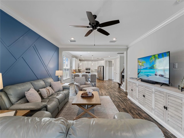 8304 Shooting Star Rd, Sarasota, FL 34241 - living room featuring ornamental molding, dark wood-type flooring, a ceiling fan, recessed lighting, and baseboards