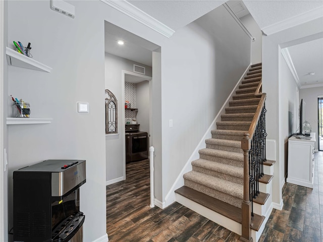 8304 Shooting Star Rd, Sarasota, FL 34241 - stairway featuring ornamental molding, wood finished floors, baseboards, and recessed lighting