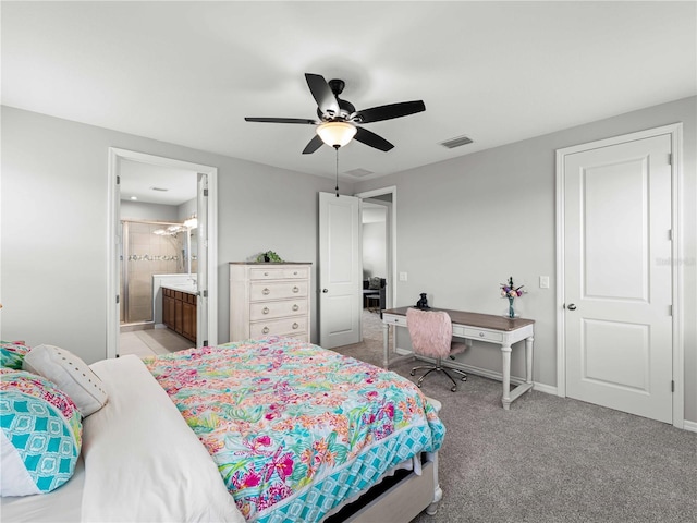 8304 Shooting Star Rd, Sarasota, FL 34241 - bedroom featuring light colored carpet, a ceiling fan, baseboards, and ensuite bath