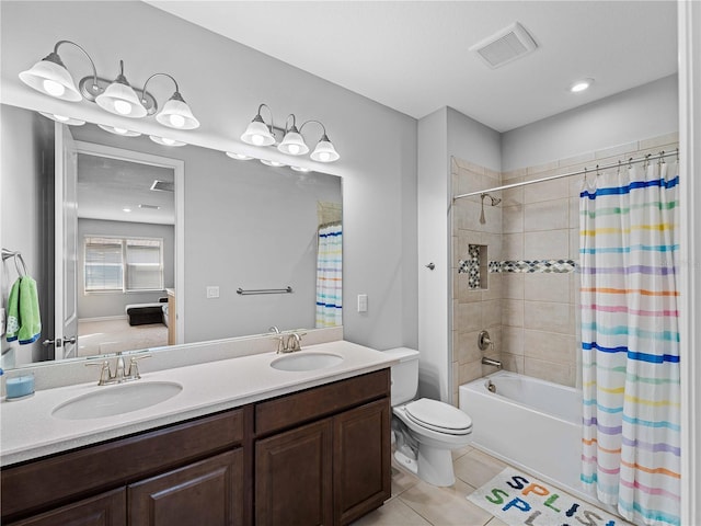 8304 Shooting Star Rd, Sarasota, FL 34241 - bathroom featuring tile patterned floors, double vanity, shower / tub combo, and toilet