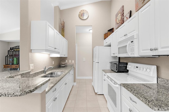 kitchen featuring white appliances, crown molding, light stone countertops, and a sink