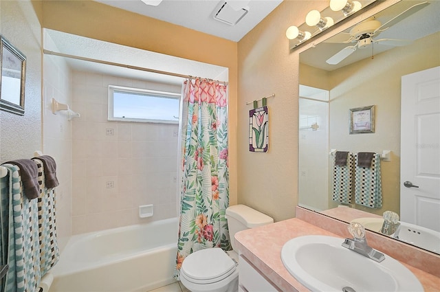 447 Rotonda Cir, Rotonda West, FL 33947 - full bathroom with vanity, shower / bathtub combination with curtain, ceiling fan, toilet, and a textured wall