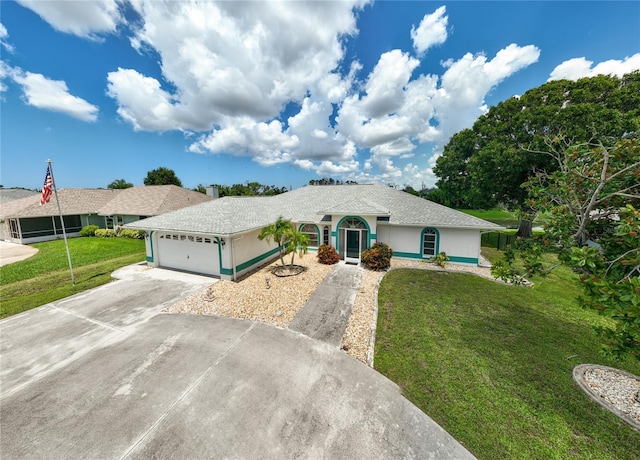 447 Rotonda Cir, Rotonda West, FL 33947 - ranch-style house with an attached garage, concrete driveway, a front yard, and stucco siding