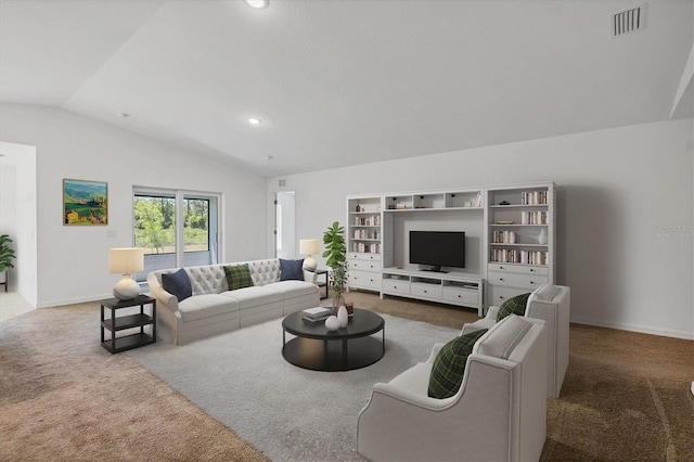 2032 Jagust Rd, North Port, FL 34288 - living area with baseboards, visible vents, carpet flooring, and lofted ceiling