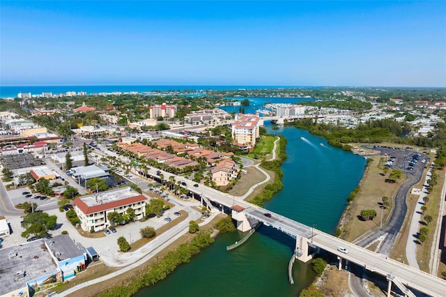 bird's eye view with a city view and a water view
