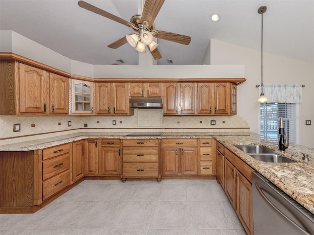 314 Oakwood Cir, Englewood, FL 34223 - kitchen featuring under cabinet range hood, dishwasher, ceiling fan, vaulted ceiling, and black electric stovetop