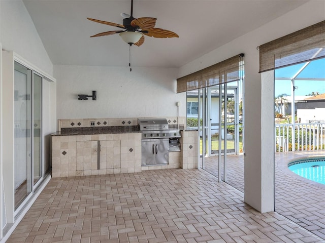 314 Oakwood Cir, Englewood, FL 34223 - view of patio / terrace featuring a fenced in pool, area for grilling, ceiling fan, and a lanai