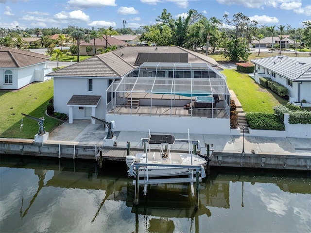 314 Oakwood Cir, Englewood, FL 34223 - dock area featuring a water view, a patio area, boat lift, and a residential view