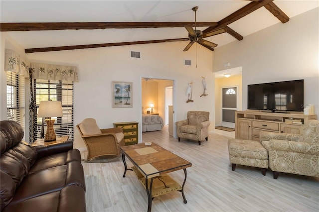 5559 Brassy Loop, North Port, FL 34287 - living area featuring a ceiling fan, beam ceiling, light wood-style floors, and high vaulted ceiling