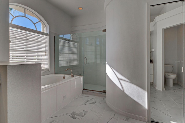 bathroom featuring a bath, a stall shower, toilet, marble finish floor, and recessed lighting