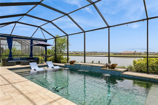 outdoor pool featuring an outdoor living space, a patio area, a water view, and glass enclosure
