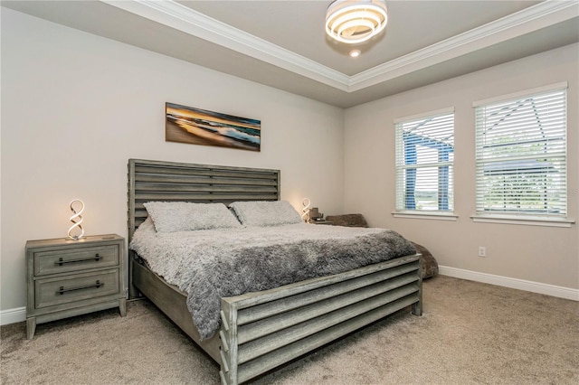 bedroom featuring light carpet, ornamental molding, and baseboards