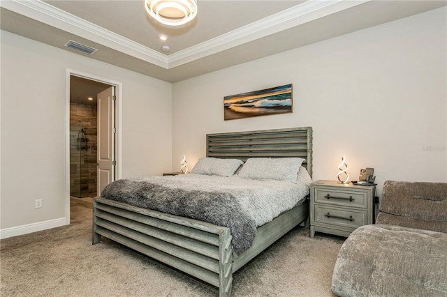 bedroom with light colored carpet, crown molding, baseboards, recessed lighting, and connected bathroom