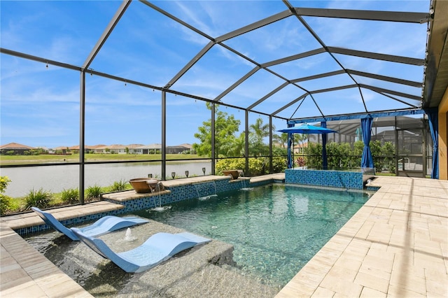 swimming pool with a water view, glass enclosure, and a patio area