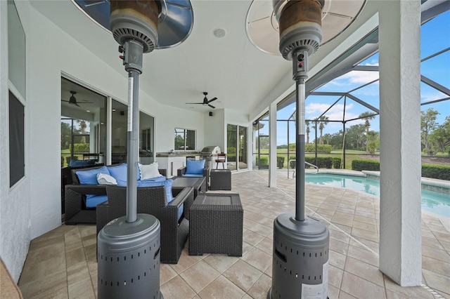 4532 Chase Oaks Dr, Sarasota, FL 34241 - view of patio / terrace featuring a ceiling fan, an outdoor pool, glass enclosure, and outdoor dining space