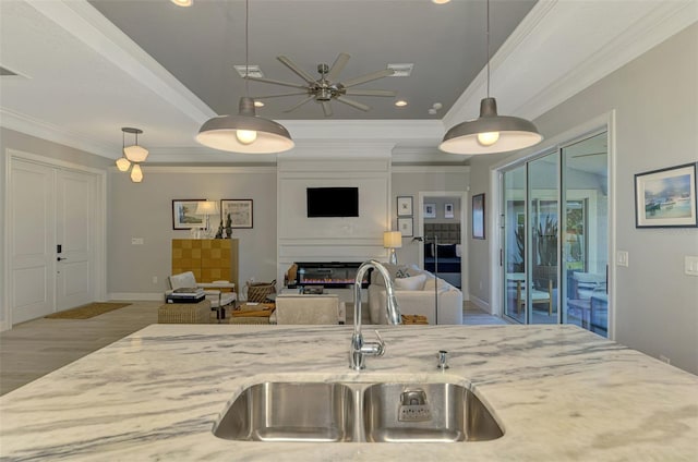 kitchen featuring a sink, light stone countertops, ceiling fan, crown molding, and wood finished floors