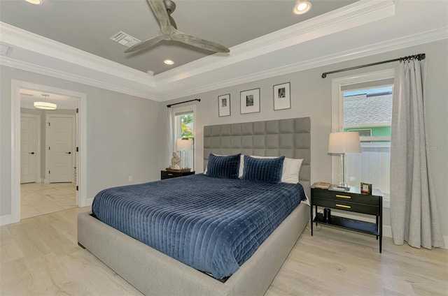 bedroom featuring a raised ceiling, ornamental molding, ceiling fan, and recessed lighting