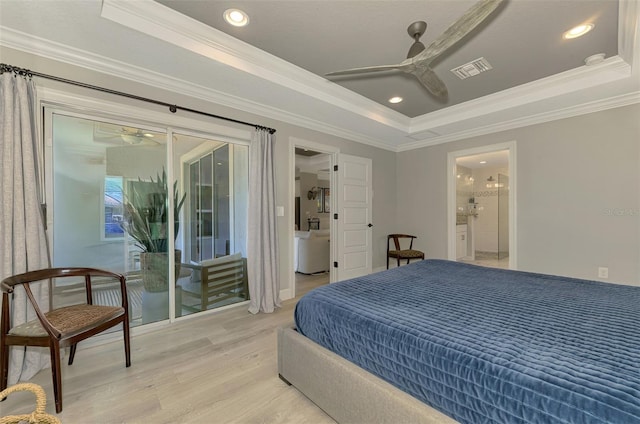 bedroom featuring a raised ceiling, access to exterior, light wood-style floors, ornamental molding, and recessed lighting