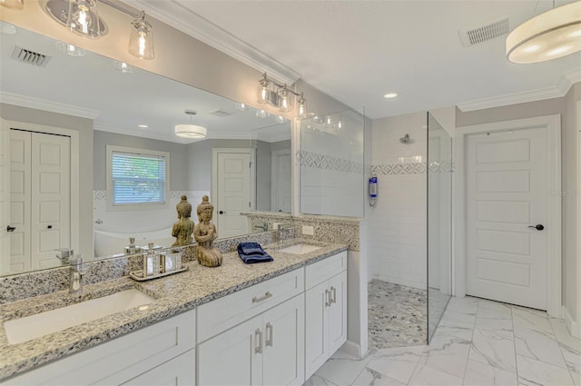 bathroom with walk in shower, marble finish floors, double vanity, ornamental molding, and recessed lighting