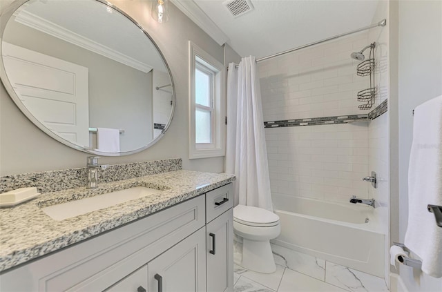 full bathroom featuring crown molding, toilet, shower / tub combo, marble finish floors, and vanity