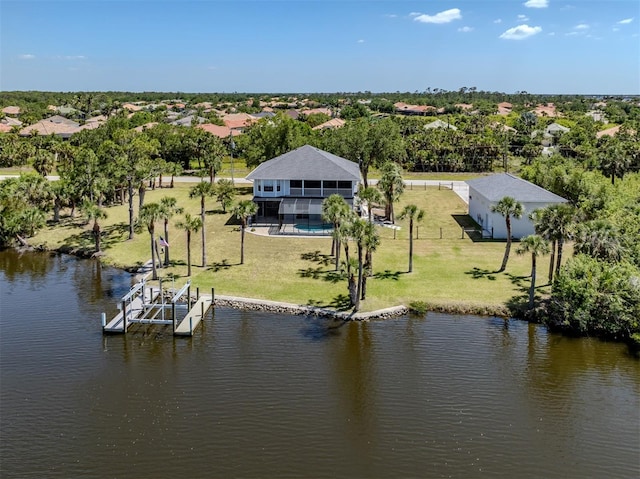 bird's eye view with a water view