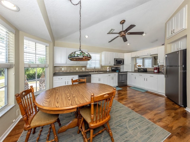 dining area with ceiling fan, plenty of natural light, vaulted ceiling, and dark wood-type flooring