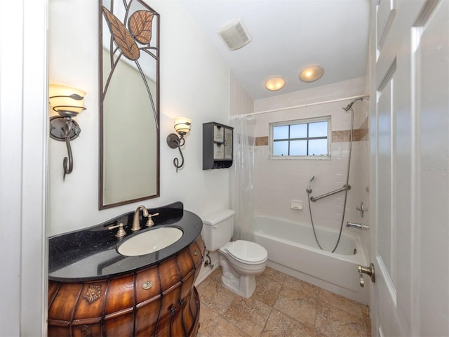 bathroom with stone finish floor, toilet, visible vents, shower / bath combination with curtain, and vanity