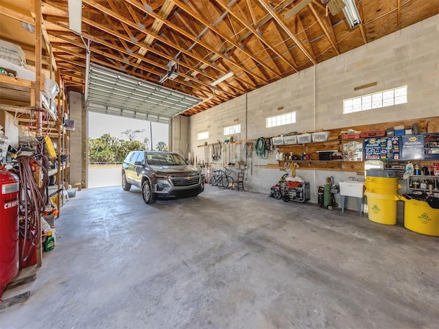 garage with a workshop area