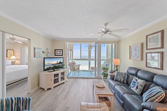 950 Tarpon Center Dr Unit 504, Venice, FL 34285 - living room featuring ceiling fan, light wood finished floors, a textured ceiling, and crown molding
