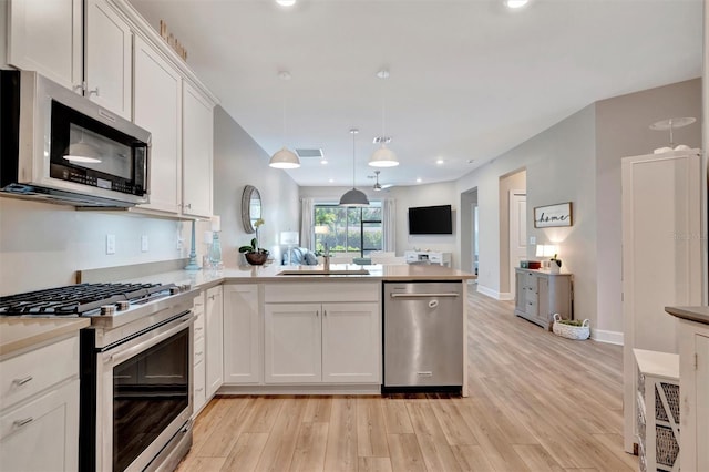 25069 Pearl Lake Cir, Englewood, FL 34223 - kitchen featuring stainless steel appliances, a sink, open floor plan, a peninsula, and light wood-style flooring