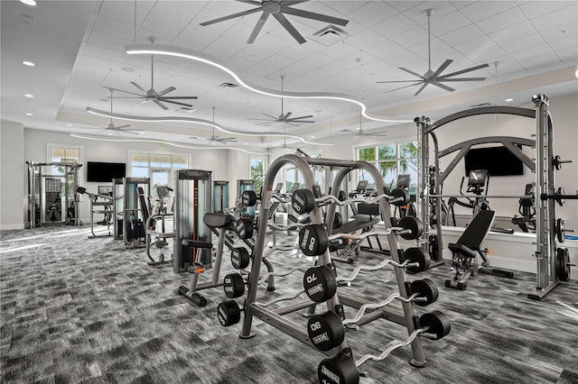 25069 Pearl Lake Cir, Englewood, FL 34223 - gym featuring a tray ceiling, carpet flooring, a ceiling fan, healthy amount of natural light, and recessed lighting