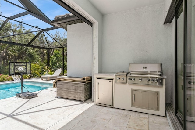 view of patio / terrace with area for grilling, a grill, an outdoor pool, and glass enclosure