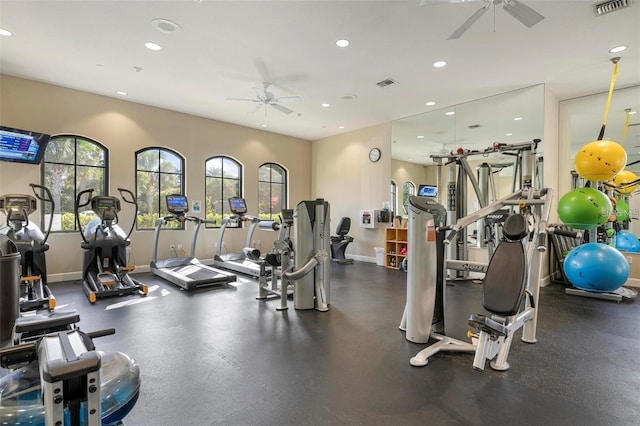 workout area featuring ceiling fan, recessed lighting, and baseboards