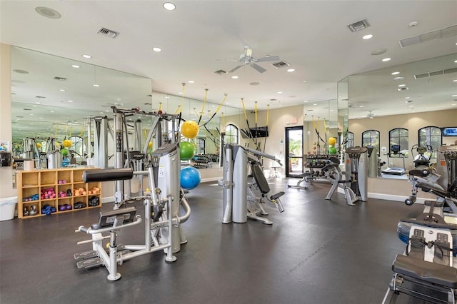 workout area with a ceiling fan and recessed lighting