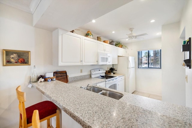 1156 Bird Bay Way Unit 104, Venice, FL 34285 - kitchen with white appliances, a sink, light stone countertops, a ceiling fan, and recessed lighting