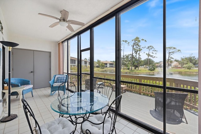 1156 Bird Bay Way Unit 104, Venice, FL 34285 - sunroom / solarium featuring a water view and ceiling fan