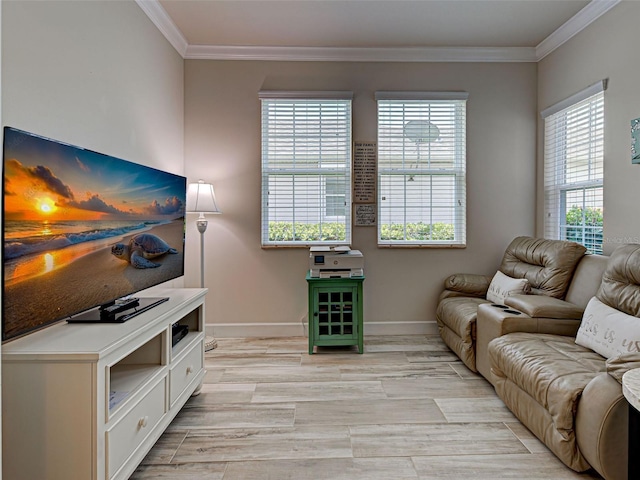 25784 Grayton Ave, Englewood, FL 34223 - living area with ornamental molding, baseboards, and light wood finished floors