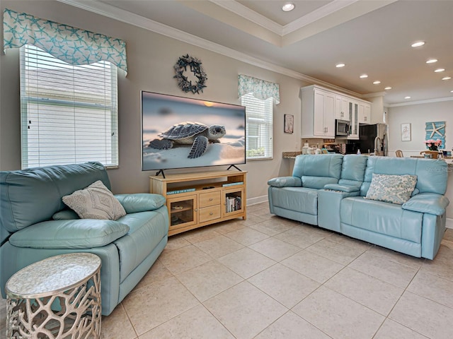 25784 Grayton Ave, Englewood, FL 34223 - living room featuring light tile patterned floors, ornamental molding, recessed lighting, and baseboards