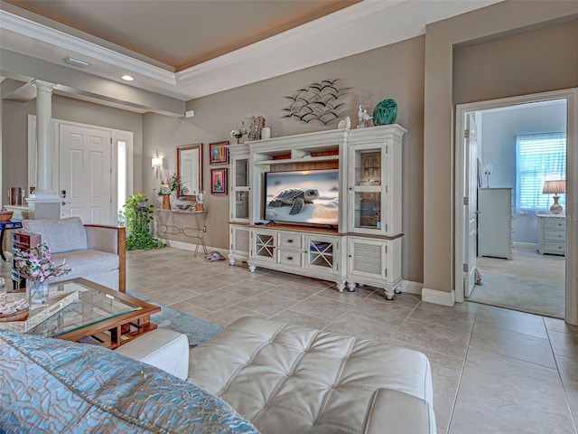 515 Sawgrass Bridge Rd, Venice, FL 34292 - living area featuring decorative columns, baseboards, recessed lighting, light tile patterned floors, and crown molding