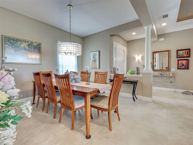 515 Sawgrass Bridge Rd, Venice, FL 34292 - dining area with ornate columns, baseboards, recessed lighting, a chandelier, and light tile patterned floors