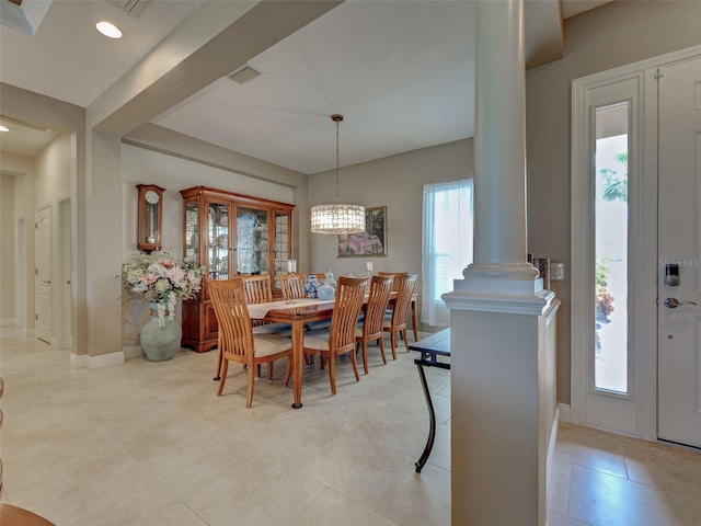 515 Sawgrass Bridge Rd, Venice, FL 34292 - dining room with decorative columns, baseboards, light tile patterned floors, a chandelier, and recessed lighting