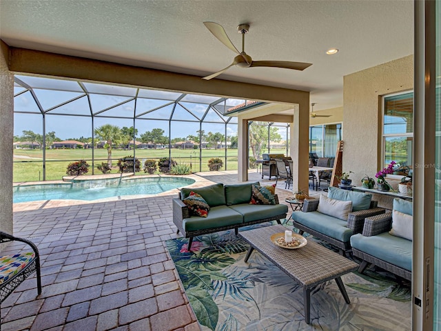 515 Sawgrass Bridge Rd, Venice, FL 34292 - view of patio / terrace featuring an outdoor hangout area, ceiling fan, an outdoor pool, glass enclosure, and view of golf course