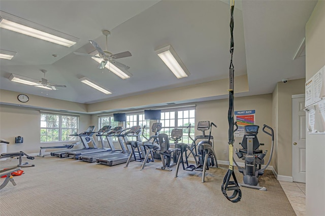 515 Sawgrass Bridge Rd, Venice, FL 34292 - gym featuring carpet, a ceiling fan, baseboards, and vaulted ceiling
