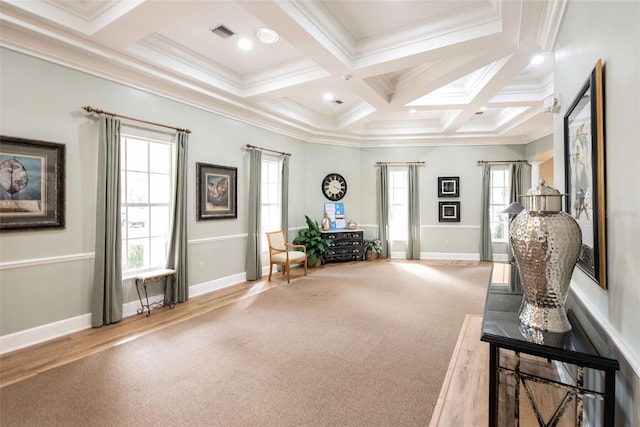 515 Sawgrass Bridge Rd, Venice, FL 34292 - living area featuring coffered ceiling, ornamental molding, beam ceiling, baseboards, and light colored carpet