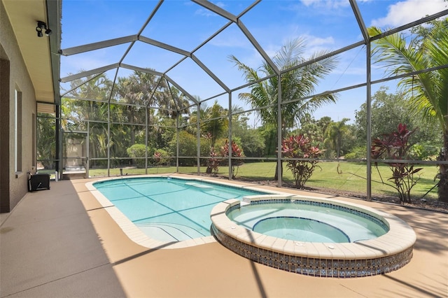 3950 Pepper Ln, North Port, FL 34287 - view of swimming pool with glass enclosure, a patio area, a pool with connected hot tub, and view of wooded area