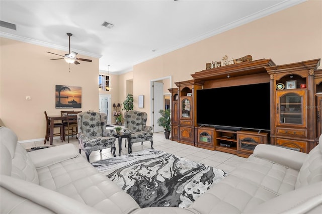 3950 Pepper Ln, North Port, FL 34287 - tiled living area with ornamental molding, ceiling fan, and baseboards