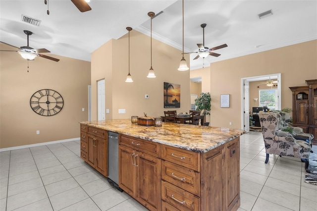 3950 Pepper Ln, North Port, FL 34287 - kitchen featuring ceiling fan, light tile patterned floors, and crown molding